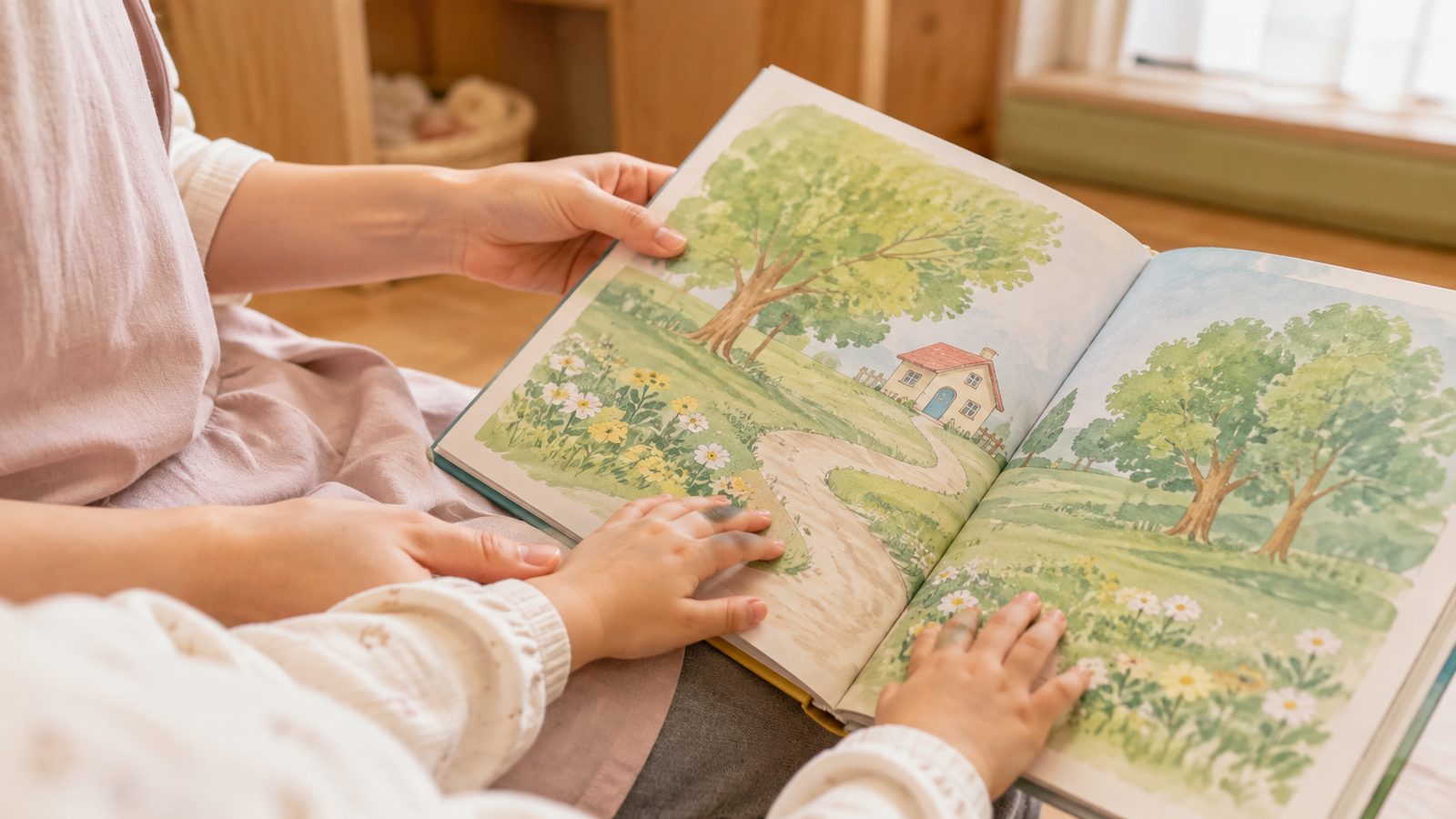 大人のひざの上で、広げた絵本のページに手をのせている子どもの手元