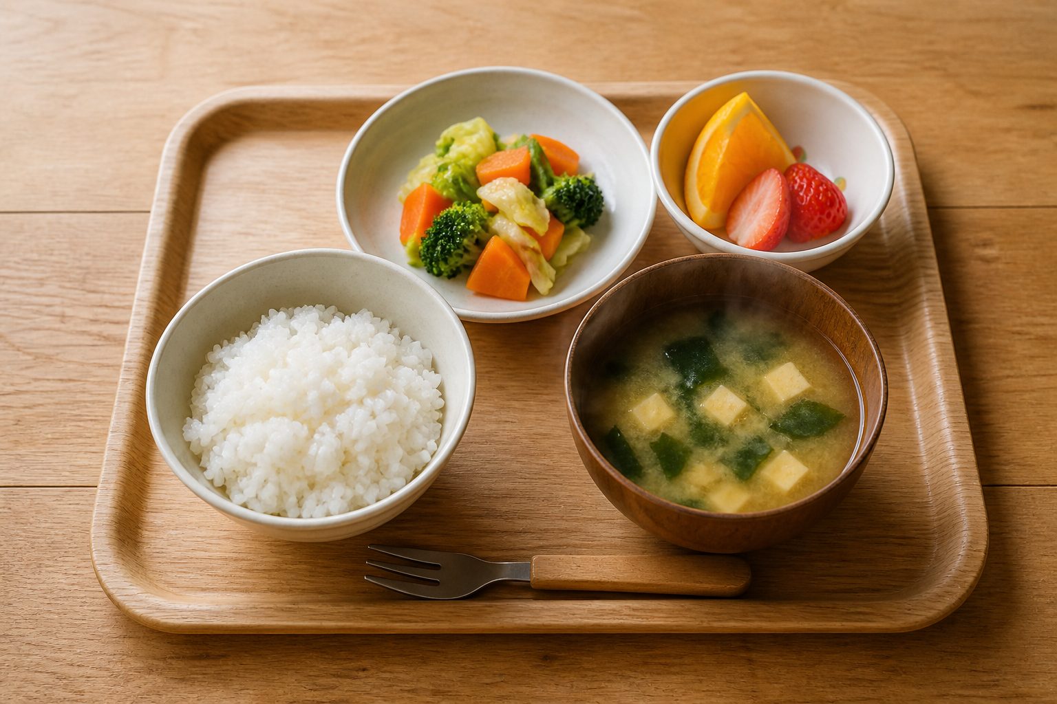木のトレーにのせた、ごはん・みそ汁・野菜のあえもの・果物の給食一式